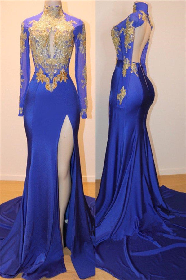 Royal Blue Fit and Flare Slit Prom Dress with Appliques for Long Sleev