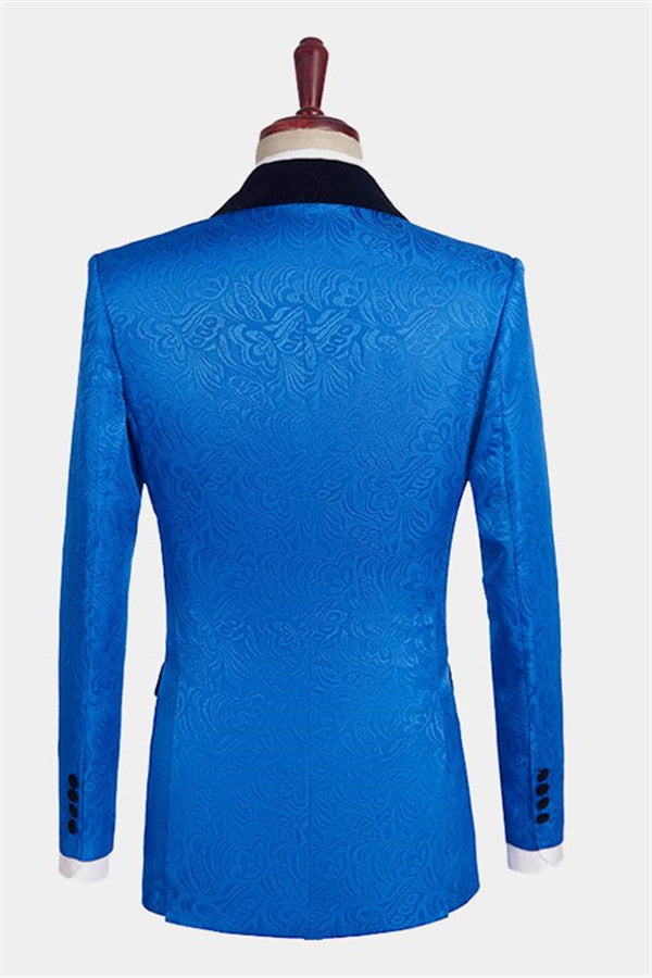 Royal Blue Floral Jacquard 3-Piece Suit for Men's Prom-Business & Formal Suits-BallBride