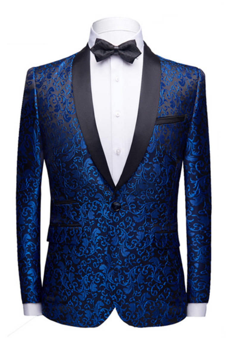 Royal Blue Jacquard Shawl Lapel Black Satin Wedding Tuxedo-Wedding Suits-BallBride