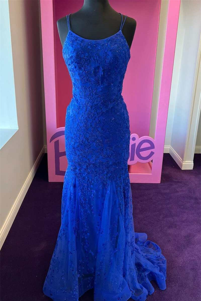 Royal Blue Mermaid Evening Dress With Appliques and Spaghetti-Straps Tulle-Evening Dresses-BallBride