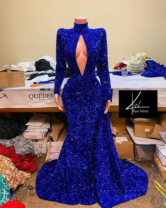 Royal Blue Mermaid Prom Dress with Sequins and High Neck Long Sleeves-BallBride