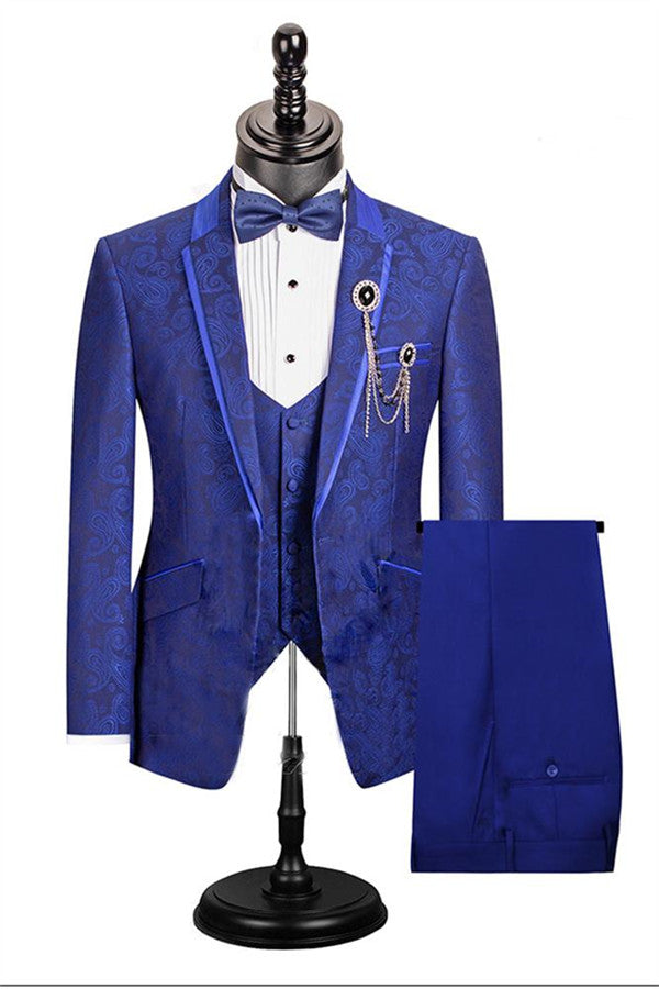 Royal Blue Paisley Pattern Dinner Suits for Prom - 3 Piece Set for Men-Business & Formal Suits-BallBride