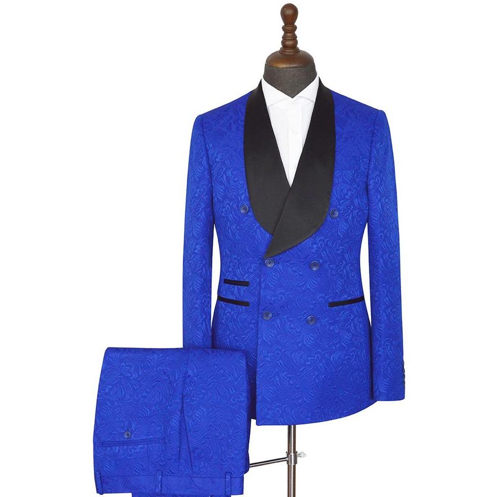 Royal Blue Shawl Lapel Easy Fit Double Breasted Jacquard Wedding Suits-Wedding Suits-BallBride