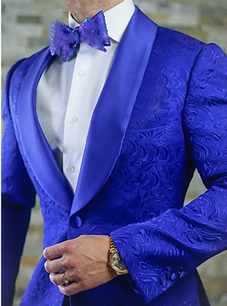 Royal Blue Shawl Lapel Jacquard Groomsmen Tailcoats Blazer 2 Pieces-Wedding Suits-BallBride