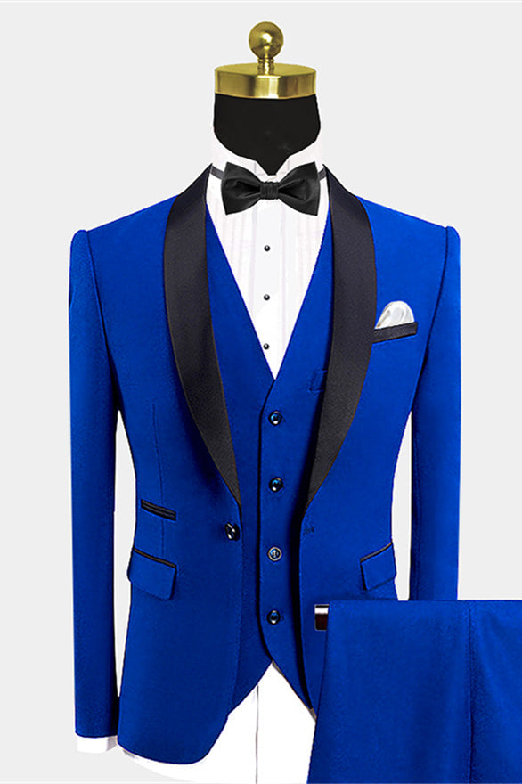 Royal Blue Shawl Lapel Tuxedo Men's Wedding Suit with Black Bow Tie-Wedding Suits-BallBride