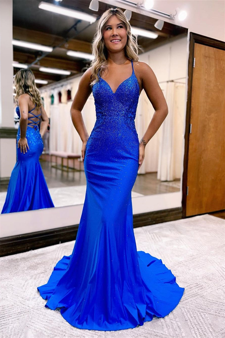 Royal Blue Spaghetti-Straps Prom Dress with Beads-Occasion Dress-BallBride