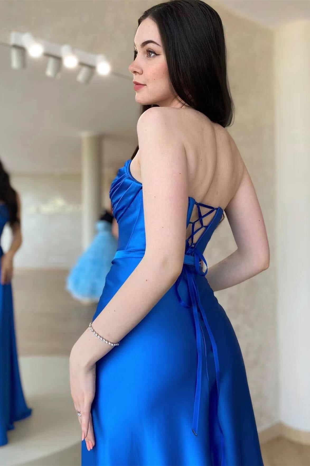 Royal Blue Strapless Sleeveless Prom Dress With Split-BallBride