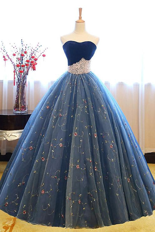 Royal Blue Sweetheart Ball Gown Evening Dress with Pearl Appliques and Sleeveless Design-Evening Dresses-BallBride