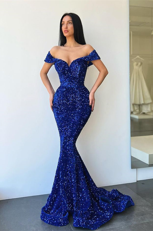 Royal Blue Sweetheart Evening Dress with Off-The-Shoulder & Sequins Mermaid Design-Evening Dresses-BallBride