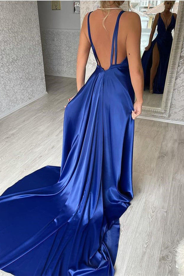 Royal Blue V Neck Evening Dress Split Mermaid-Evening Dresses-BallBride
