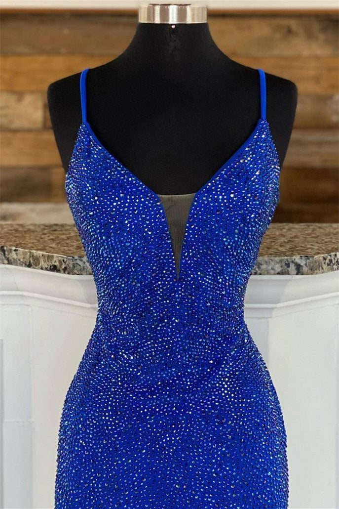 Royal Blue V Neck Mermaid Evening Dress With Appliques Split-BallBride