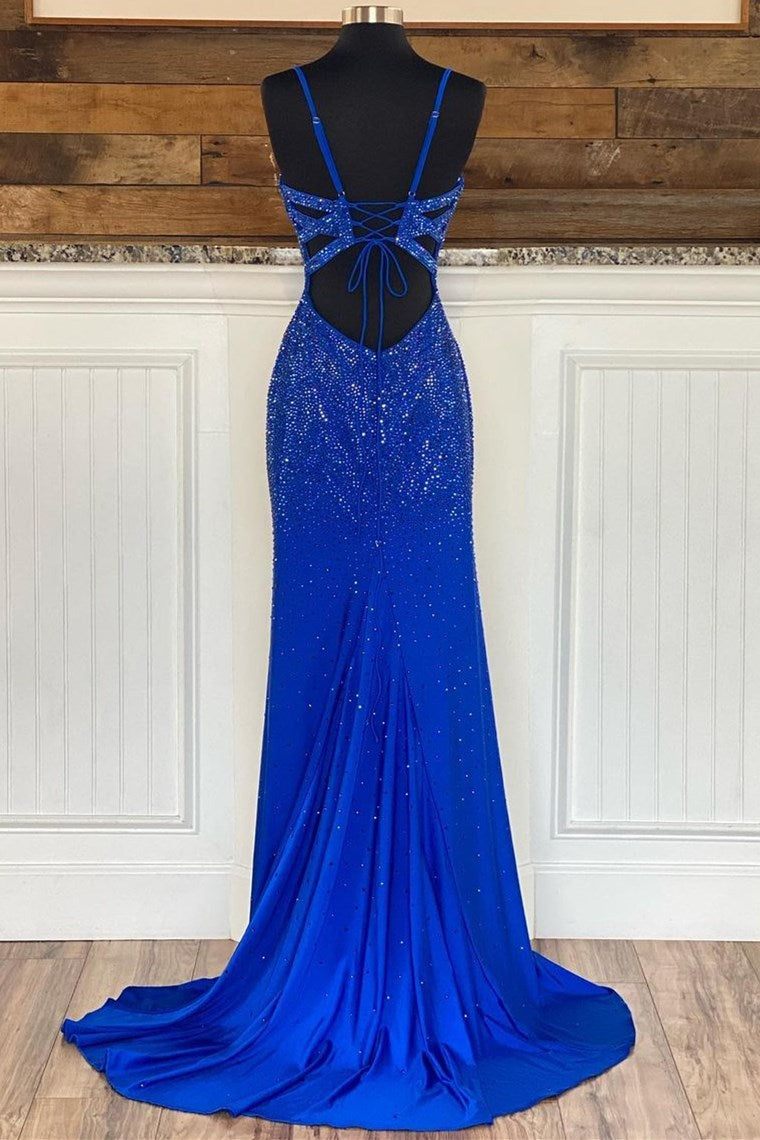 Royal Blue V Neck Mermaid Evening Dress with Appliques Splitting-Evening Dresses-BallBride