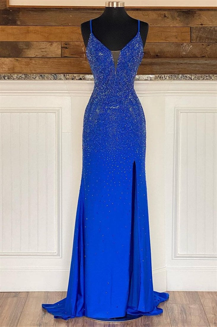 Royal Blue V Neck Mermaid Evening Dress with Appliques Splitting-Evening Dresses-BallBride
