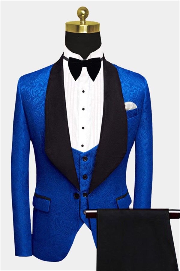 Royal Blue Wedding Suit for Men - Three Piece Floral Jacquard