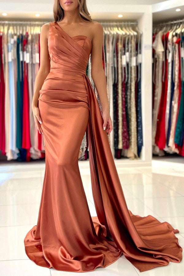 Ruffled Burnt Orange One-Shoulder Mermaid Prom Dress On Sale-Occasion Dress-BallBride