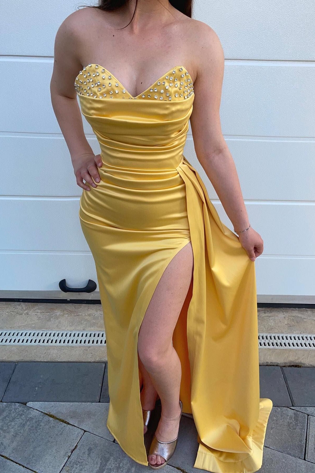 Ruffled Sweetheart Mermaid Evening Dress with Yellow Beads-Evening Dresses-BallBride