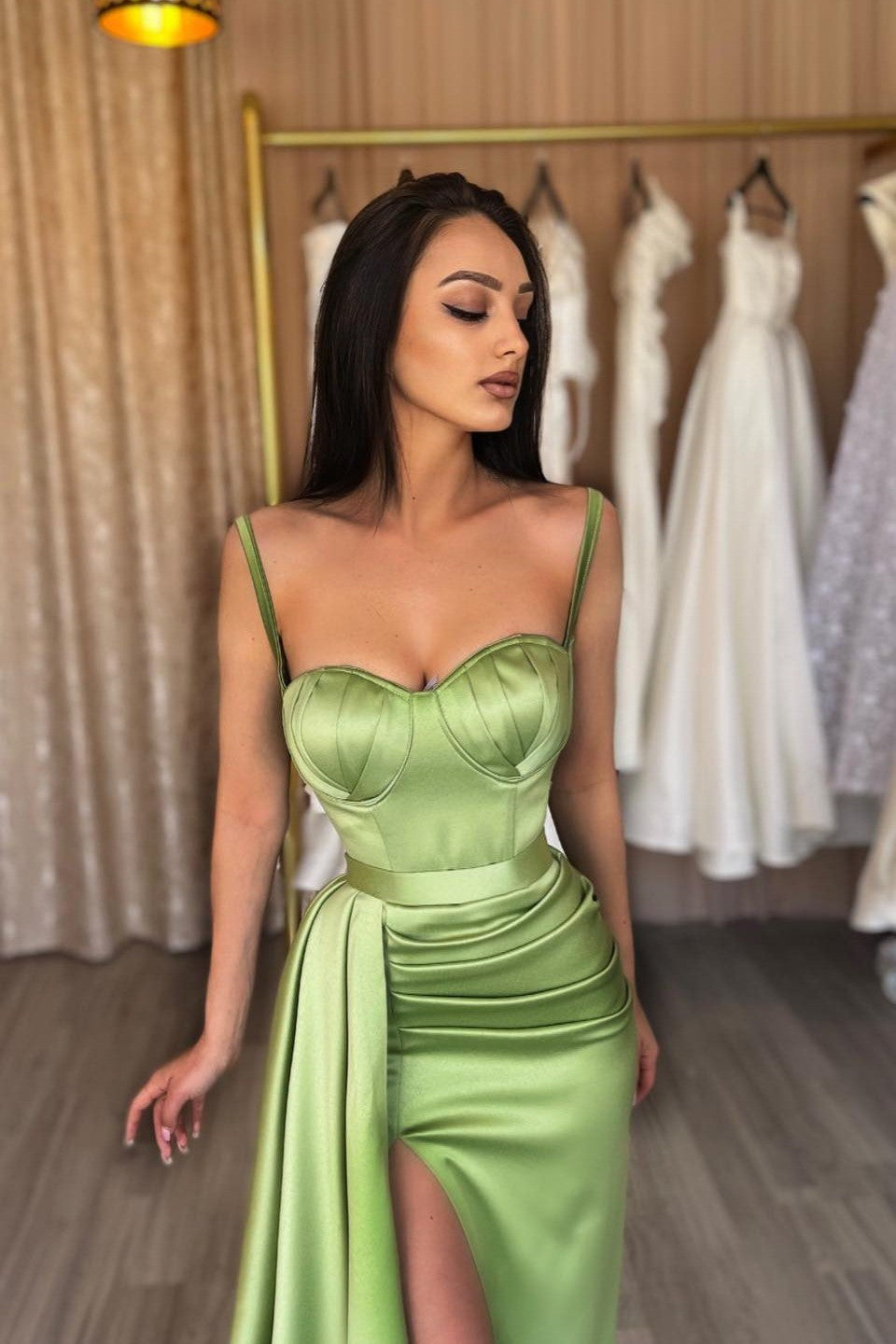 Sage Mermaid Evening Dress with Spaghetti-Straps and Sweetheart Split-BallBride