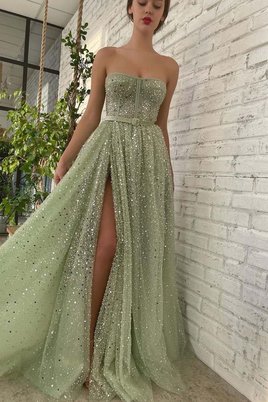 Sage Strapless A-Line Prom Dress With High Split & Sequins Beads-BallBride