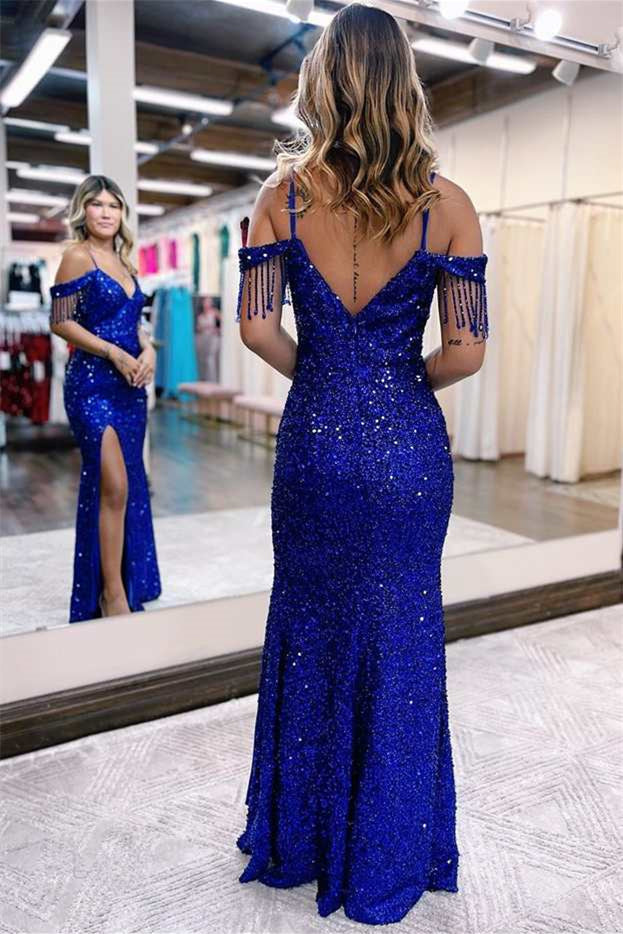 Sequin Mermaid Slit Evening Dress with Spaghetti-Strap Online Blue-Evening Dresses-BallBride