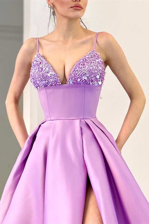 Sequins A Line Evening Dress with Spaghetti-Straps & Split - Lavender-BallBride