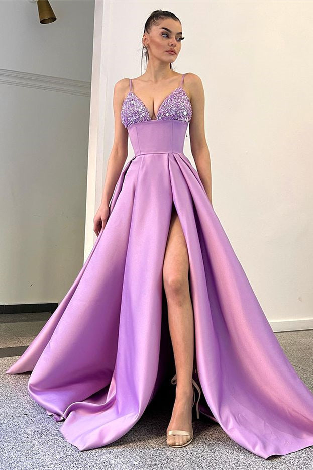 Sequins A Line Evening Dress with Spaghetti-Straps & Split - Lavender-BallBride