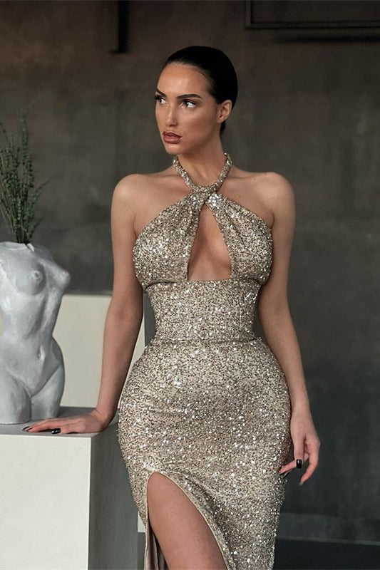 Sequins Mermaid Evening Dress With Split - Sleeveless Halter Long-Evening Dresses-BallBride