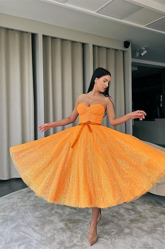 Sequins Sweetheart Dress with Belt - Orange-Evening Dresses-BallBride