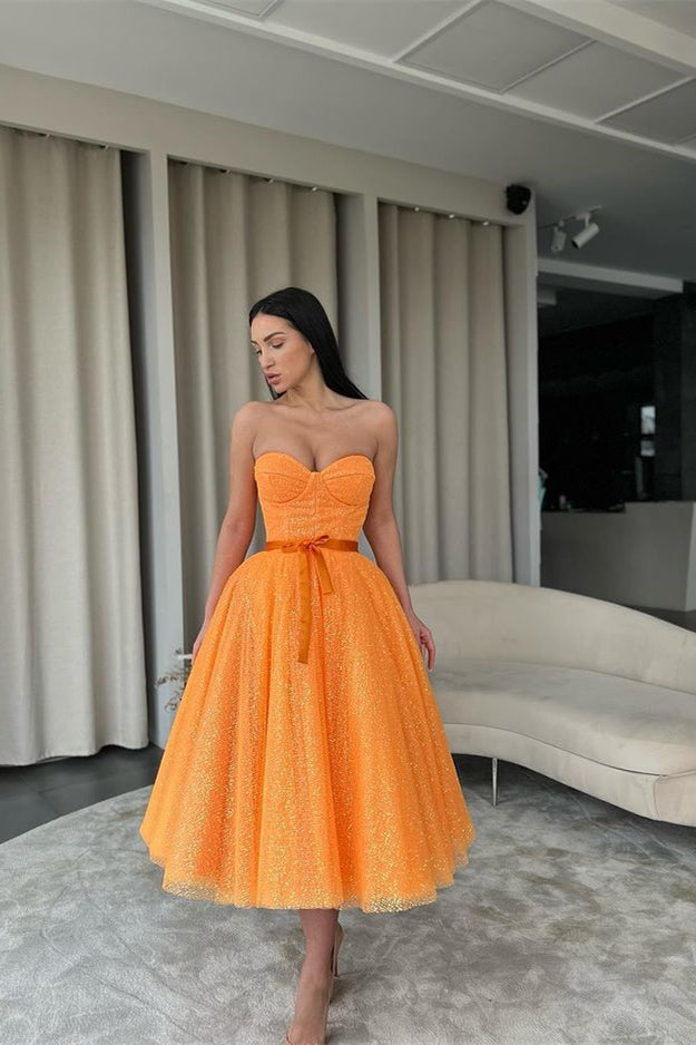 Sequins Sweetheart Dress with Belt - Orange-Evening Dresses-BallBride