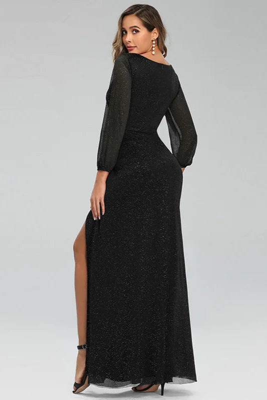 Sexy A-Line Ruhced Side Split Long Sleeve Evening Prom Dresses-BallBride