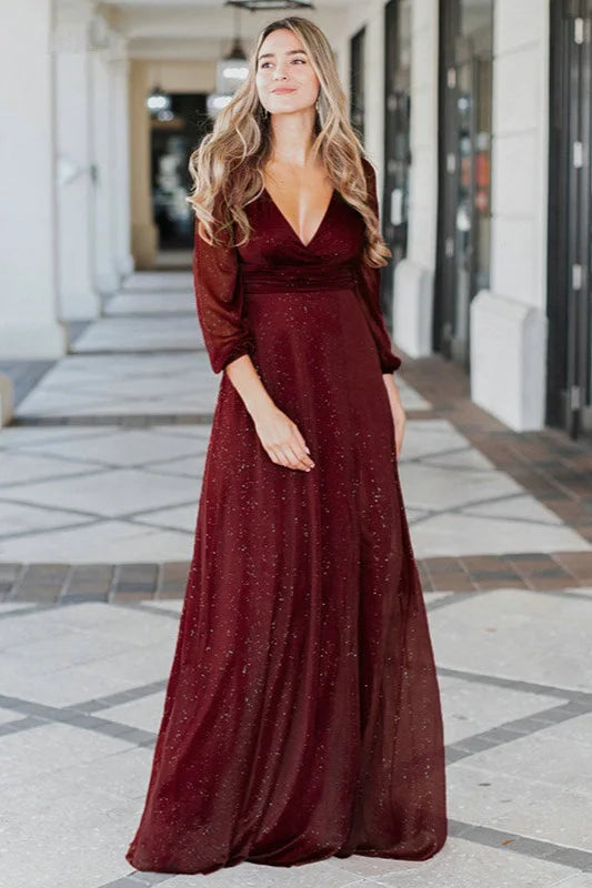 Sexy A-Line Ruhced Side Split Long Sleeve Evening Prom Dresses-BallBride