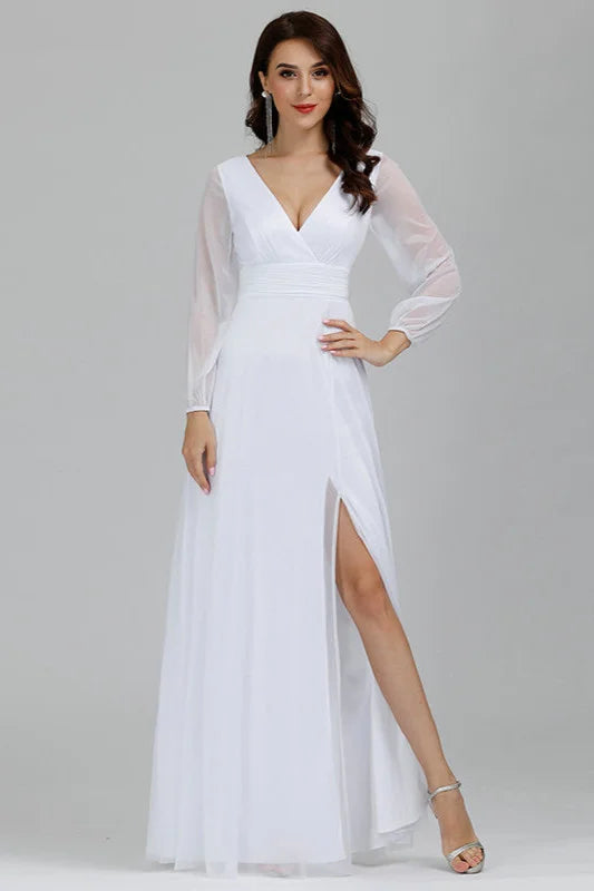 Sexy A-Line Ruhced Side Split Long Sleeve Evening Prom Dresses-BallBride