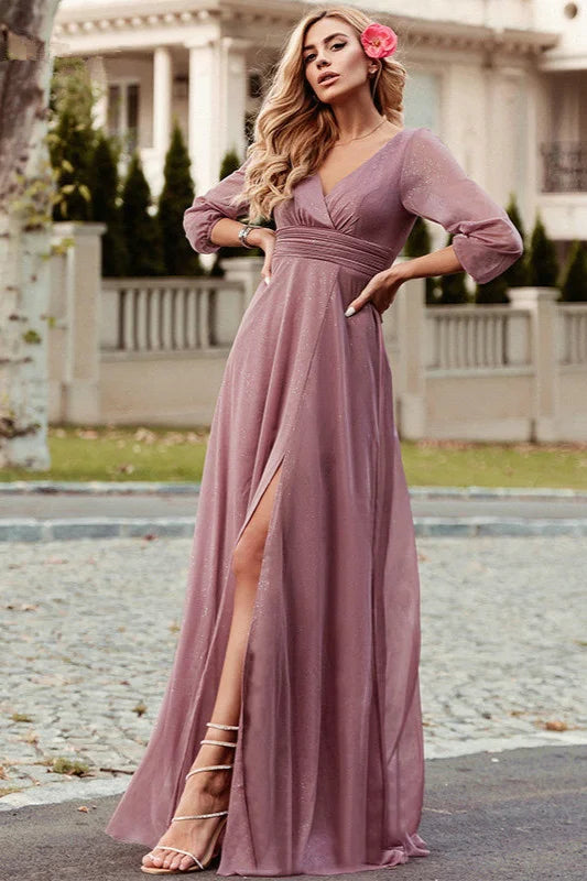 Sexy A-Line Ruhced Side Split Long Sleeve Evening Prom Dresses-BallBride