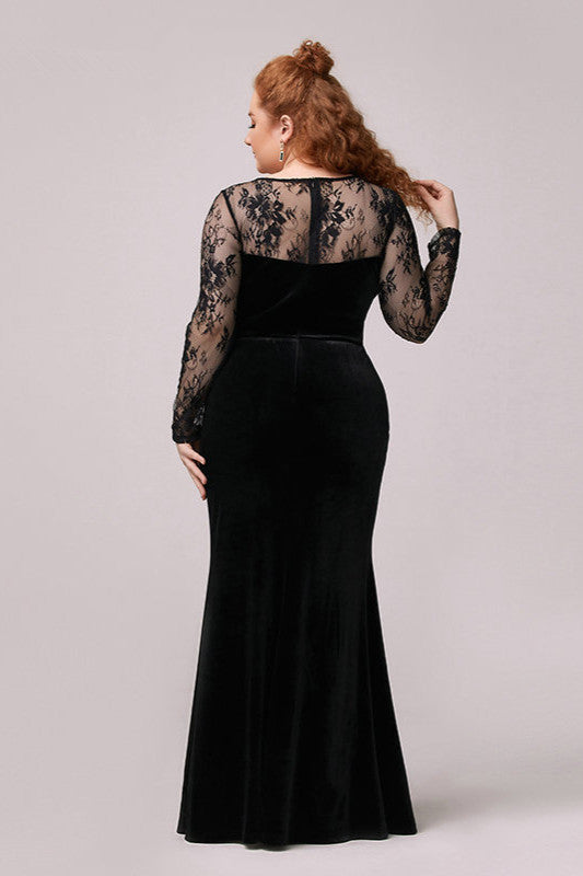 Sexy Black Long Sleeve Lace Plus Size Dress with Slit-Occasion Dress-BallBride