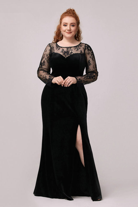 Sexy Black Long Sleeve Lace Plus Size Dress with Slit-Occasion Dress-BallBride