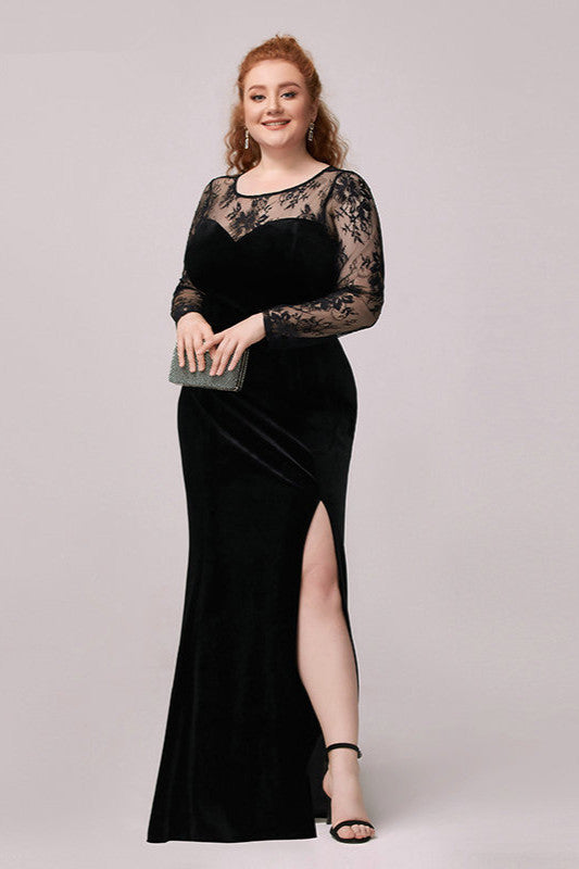 Sexy Black Long Sleeve Lace Plus Size Dress with Slit-Occasion Dress-BallBride