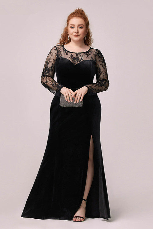 Sexy Black Long Sleeve Lace Plus Size Dress with Slit-Occasion Dress-BallBride