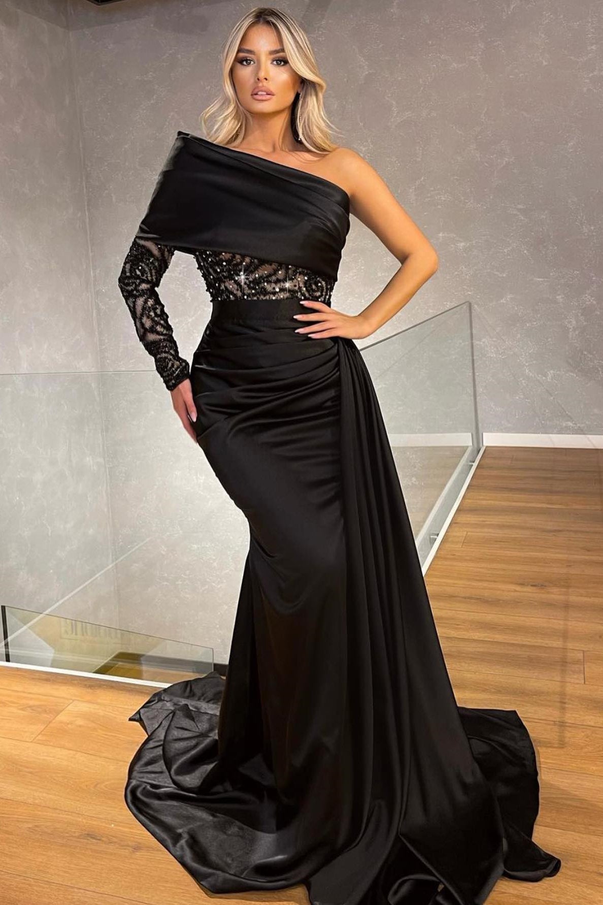 Sexy One-Shoulder Mermaid Evening Dress with Ruffles and Sequins-Evening Dresses-BallBride