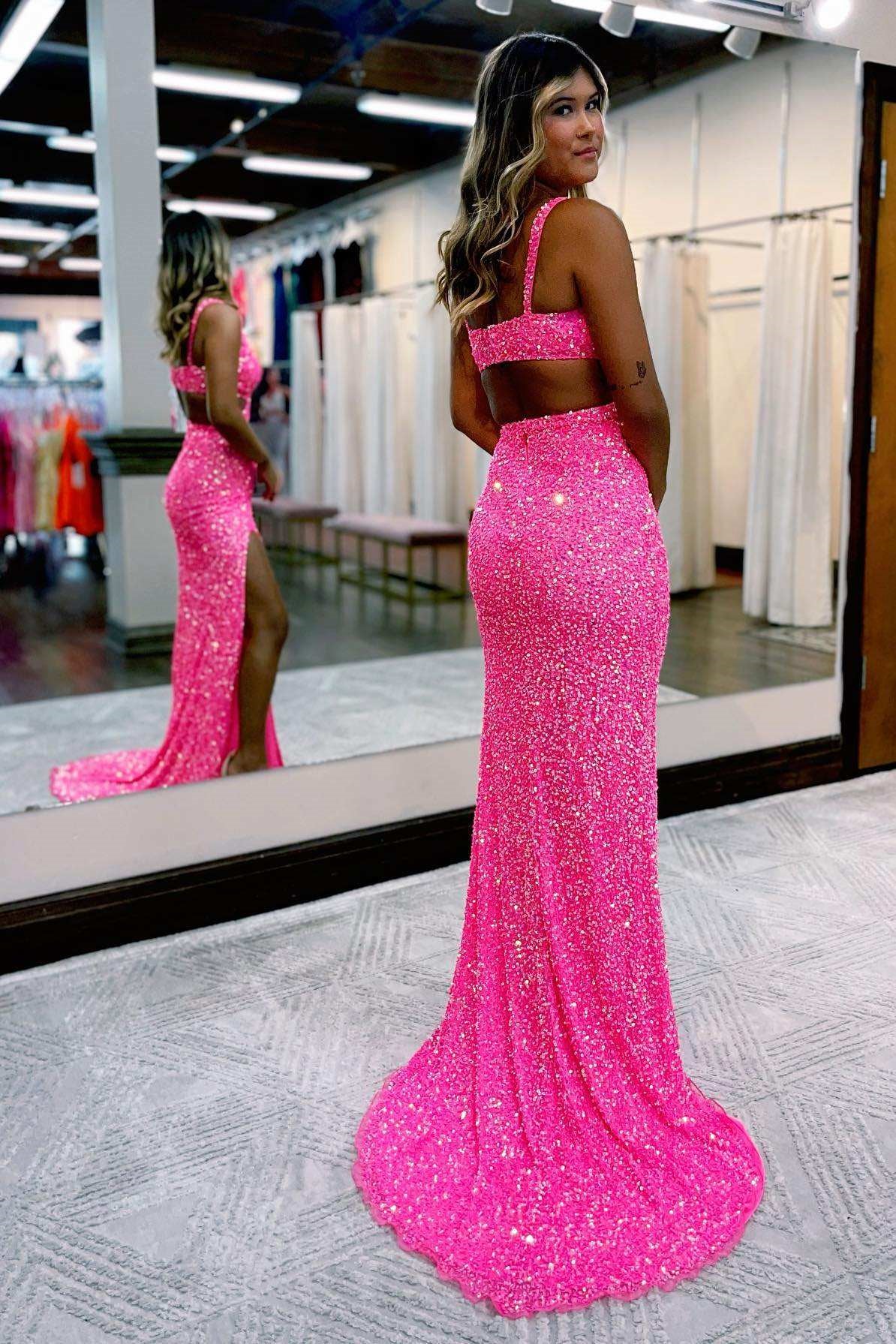 Sexy Sequin Mermaid Evening Dress - Pink & Blue for Online Parties-Evening Dresses-BallBride
