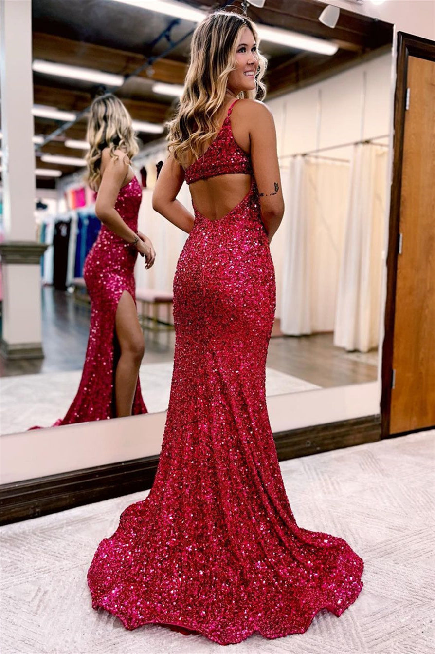 Sexy Sequin Mermaid Evening Dress - Pink & Blue for Online Parties-Evening Dresses-BallBride