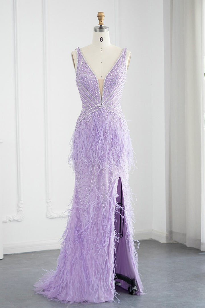 Sexy V-Neck Mermaid Evening Dress Sheath with Feathers Open Back-Evening Dresses-BallBride