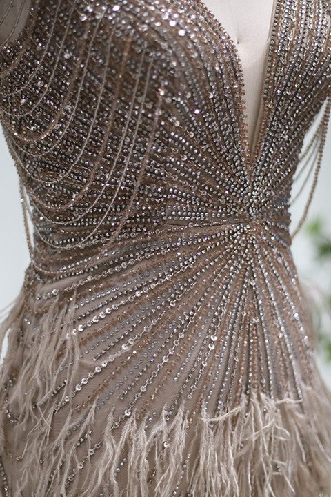 Sexy V Neck Mermaid Evening Dress With Diamond Feathers-Evening Dresses-BallBride