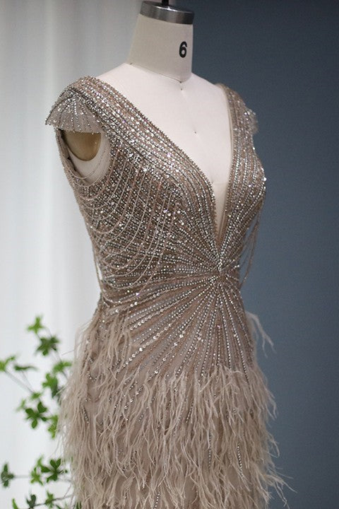 Sexy V Neck Mermaid Evening Dress With Diamond Feathers-Evening Dresses-BallBride