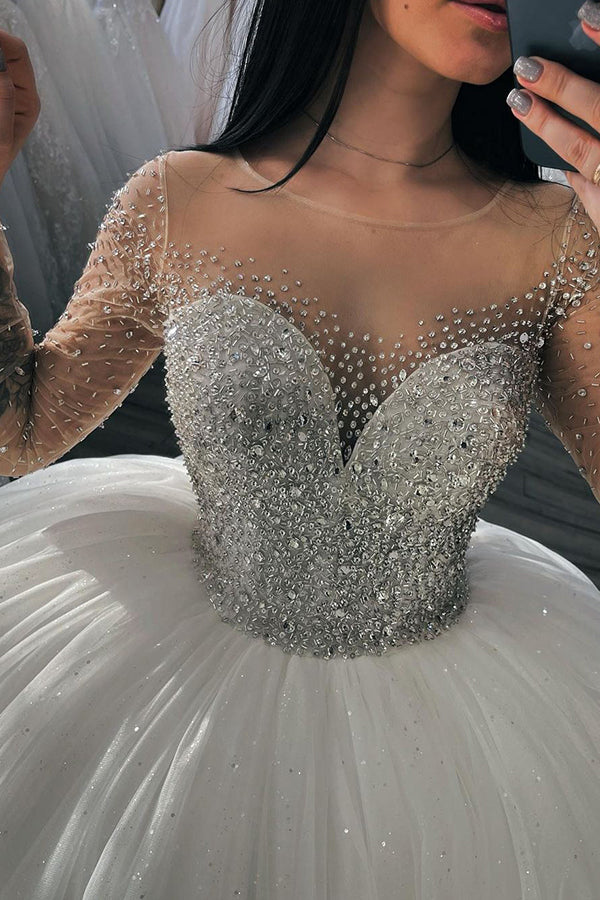 Shimmery Crystal Long Sleeves Ball Gown Wedding Dress with Beadings-Wedding Dresses-BallBride