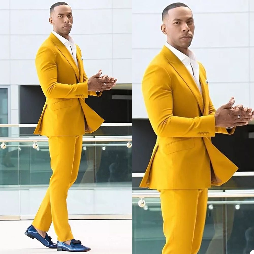 Shining Peaked Lapel Yellow Double Breasted Men Suits for Ring Bearer Prom Online-Prom Suits-BallBride