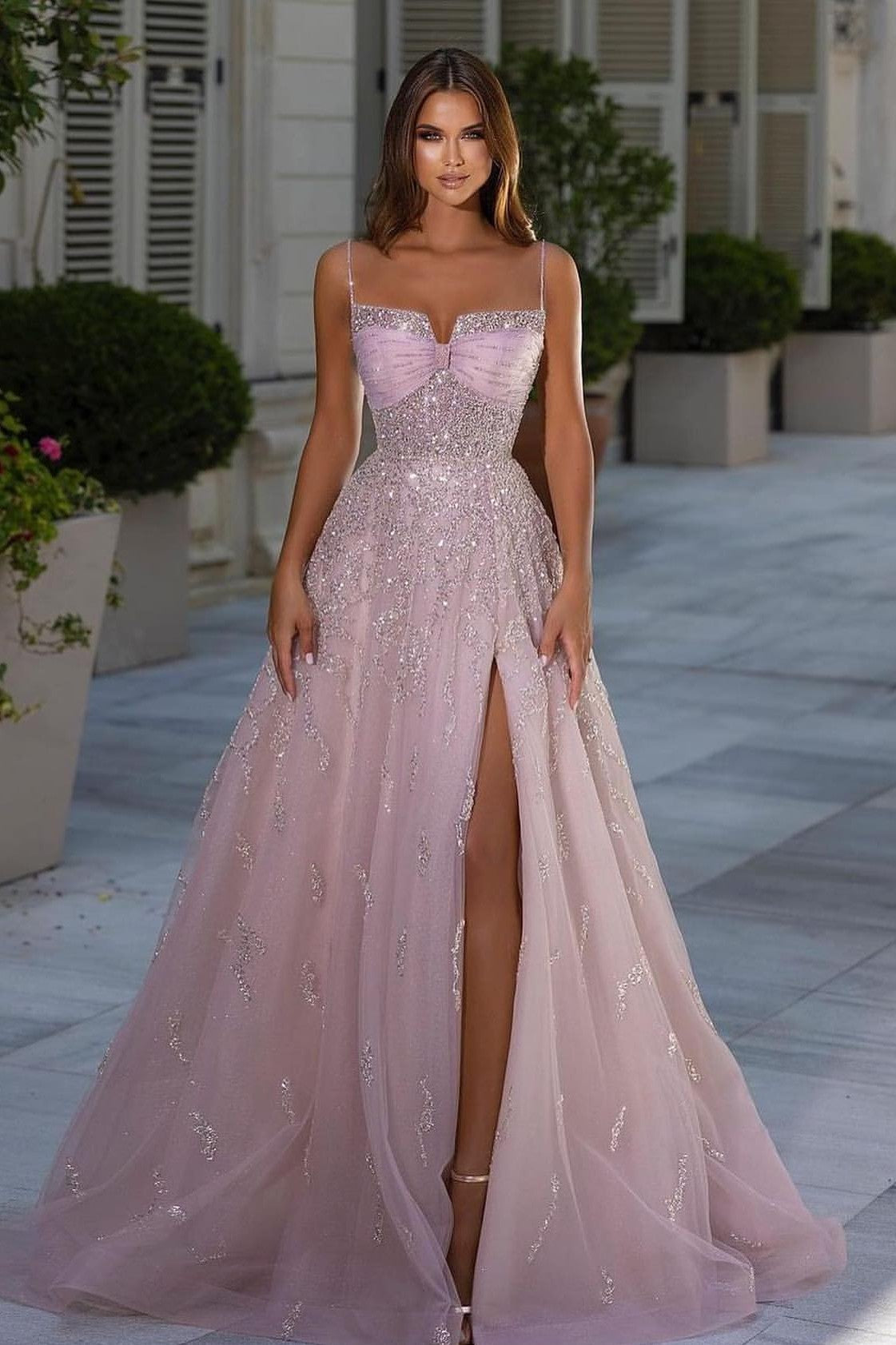 Shiny Pink Spaghetti Strap A Line Prom Dress with Appliques and Sleeveless Split-BallBride