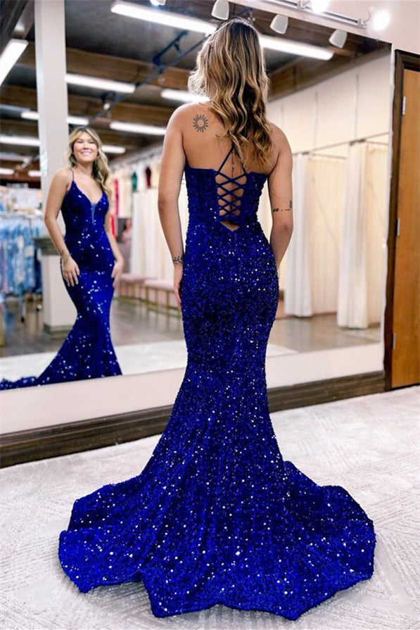 Shiny Sequin Mermaid Evening Dress Blue Floor Length Prom Dress Online-Evening Dresses-BallBride
