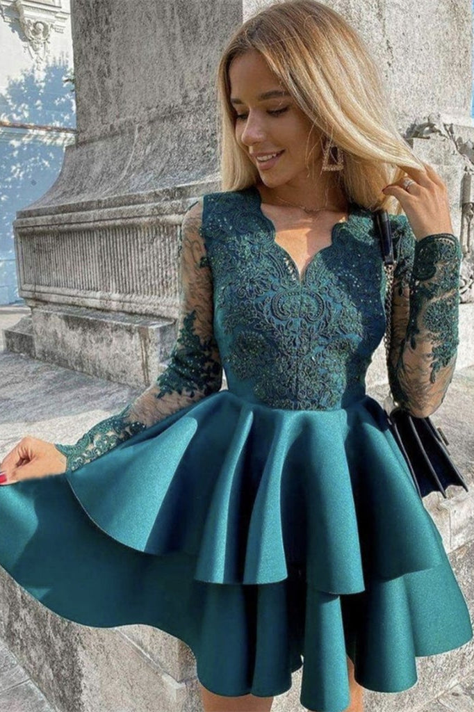 Short Prom Dress With Long Sleeves and Appliques-BallBride