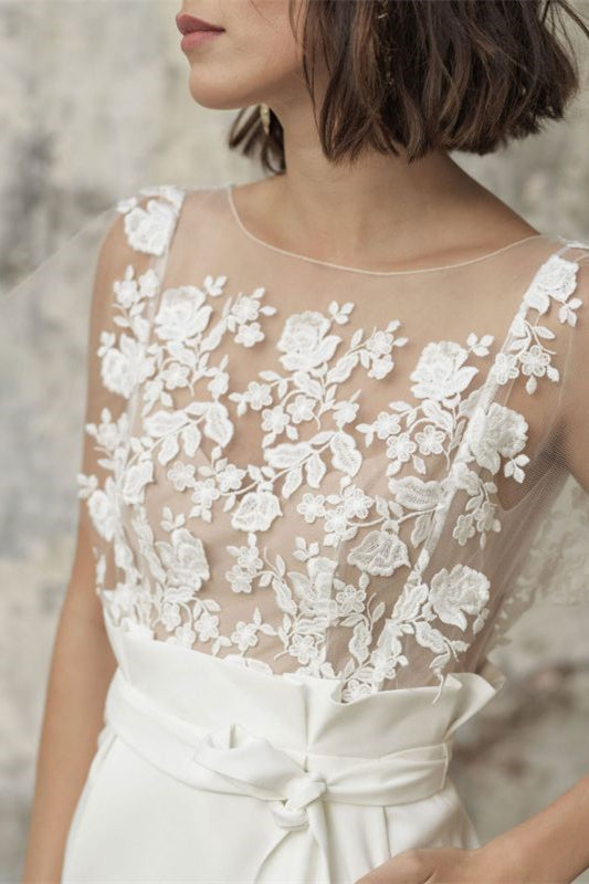 Short Wedding Dress With Pocket & Applique Bateau Belt-Wedding Dresses-BallBride