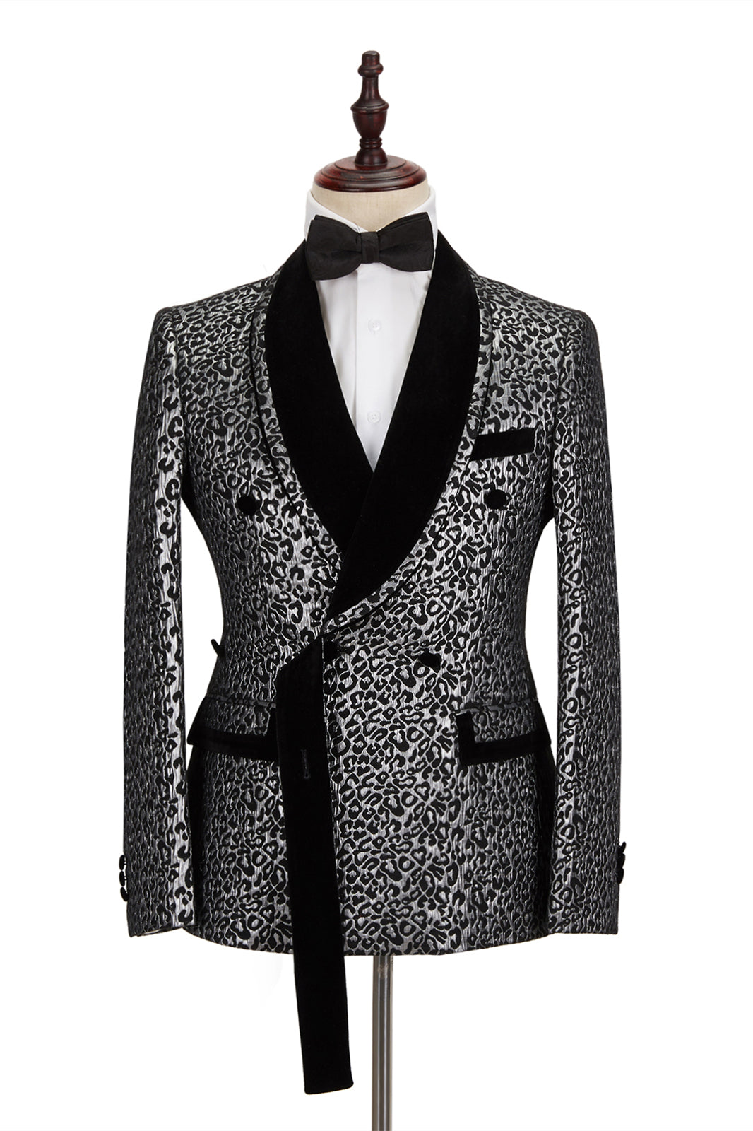 Silver Leopard Prom Outfits for Men - Jacquard Shawl Lapel with Double Breasted Black Stitching-Prom Suits-BallBride