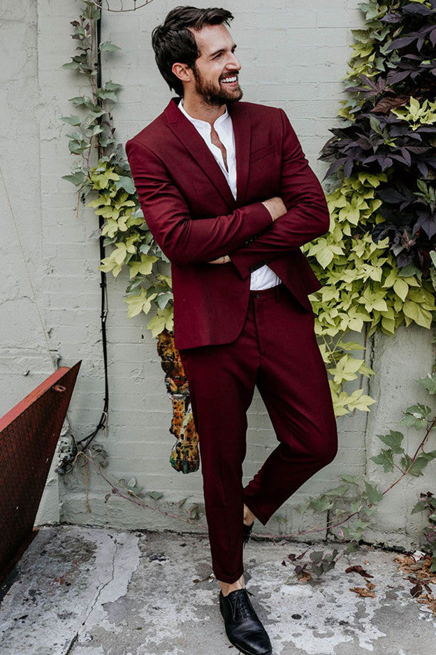 Simple Burgundy Reception Suit With Peaked Lapel for Groom-Prom Suits-BallBride
